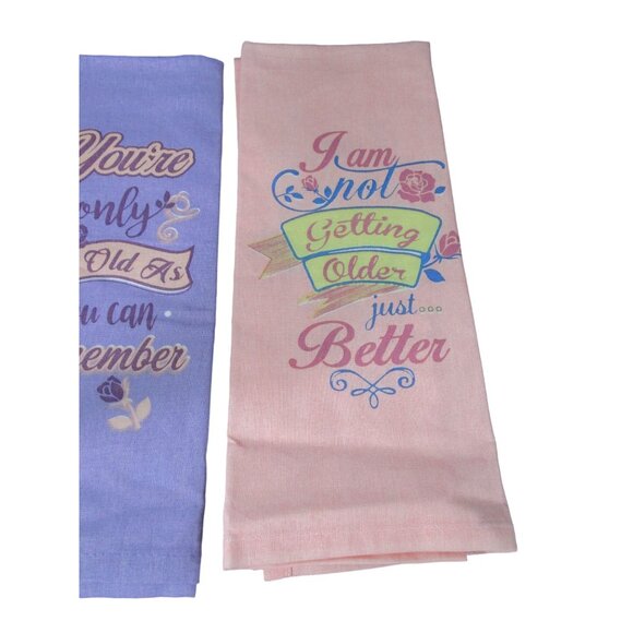 Witty Senior Birthday Aging Gracefully Tea Towels Set Pink Purple Cotton NWOT - Picture 7 of 13